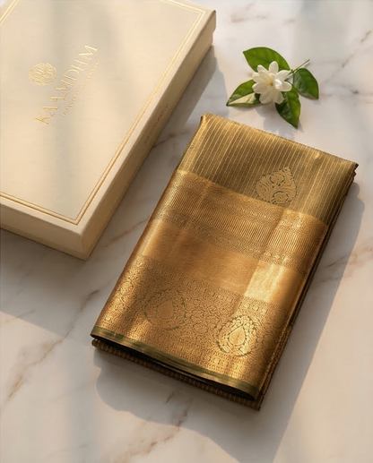 Mustard Gold Olive Green Semi Kanjivaram Silk Saree with Gold Zari Border