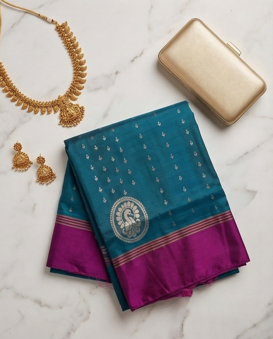 Teal Kanchipuram Silk Saree with Silver Motifs & Contrasting Magenta Zari Border - SR-MSP12