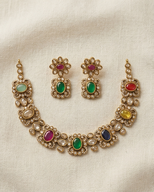 Navaratna with white stone Necklace with Earrings (NRW31)