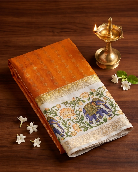 Premium Crepe silk with kalamkari border design-Mustard yellow(SR-MSP33)