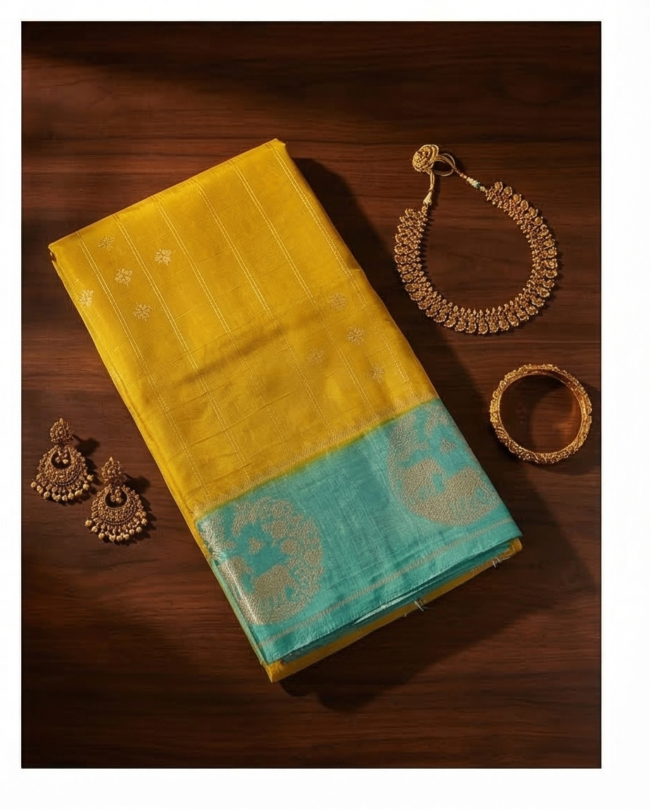 "Golden Hathi" Art Silk Saree (SR-MSP8)-Yellow with Turquoise Blue