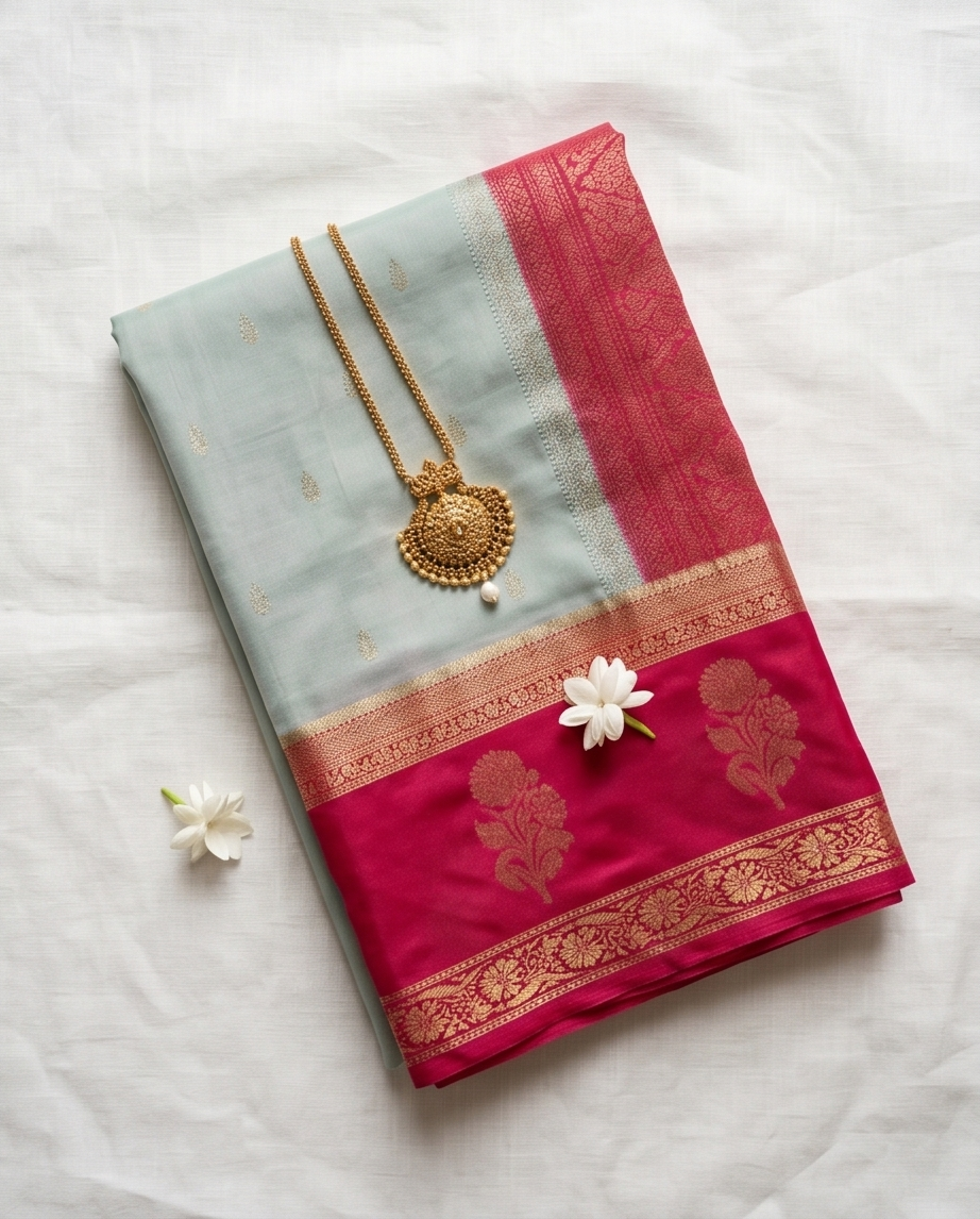 Mysore crepe flower pattern Sea Blue with pink(SR-MSP25)