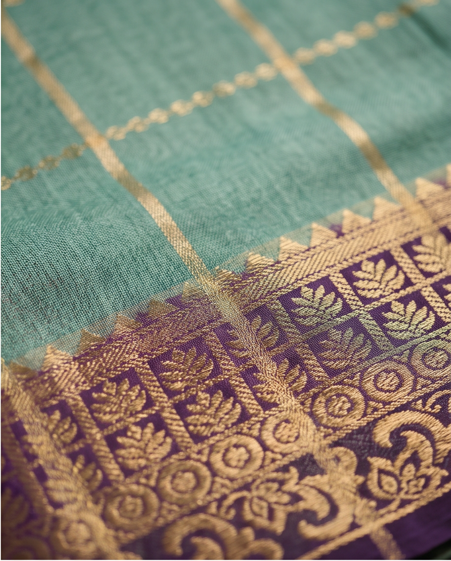 Classic Checkered Silk Saree with Grand Zari Border-mint green with dark purple (SR-PSMP36)