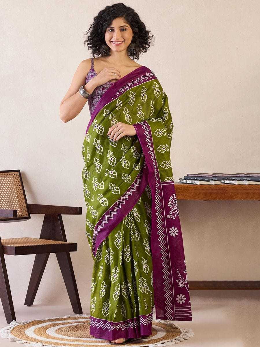 Olive Green Mulmul Cotton Saree with White Block Print & Magenta - SR-KEP9