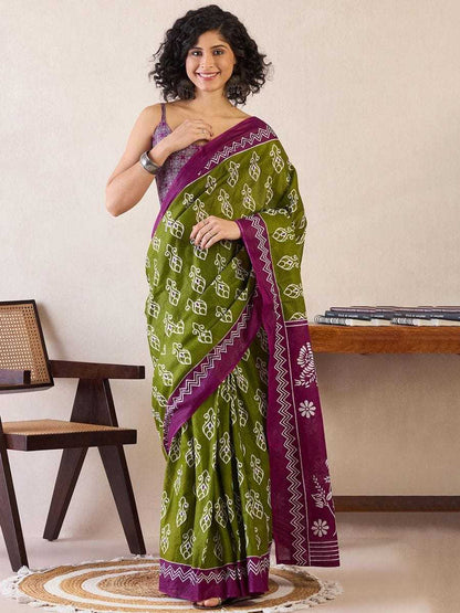 Olive Green Mulmul Cotton Saree with White Block Print & Magenta - SR-KEP9