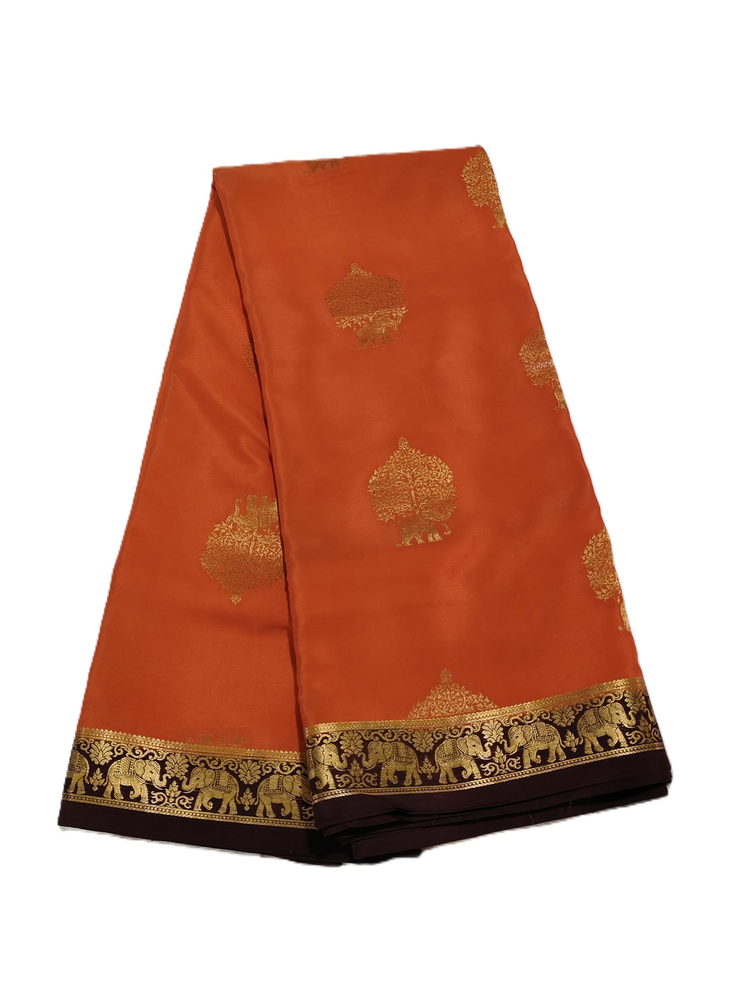Pure Mysore Silk Saree with traditional elephant and floral designs(120gsm) - SR-PSMP4-Rust Orange & Gold