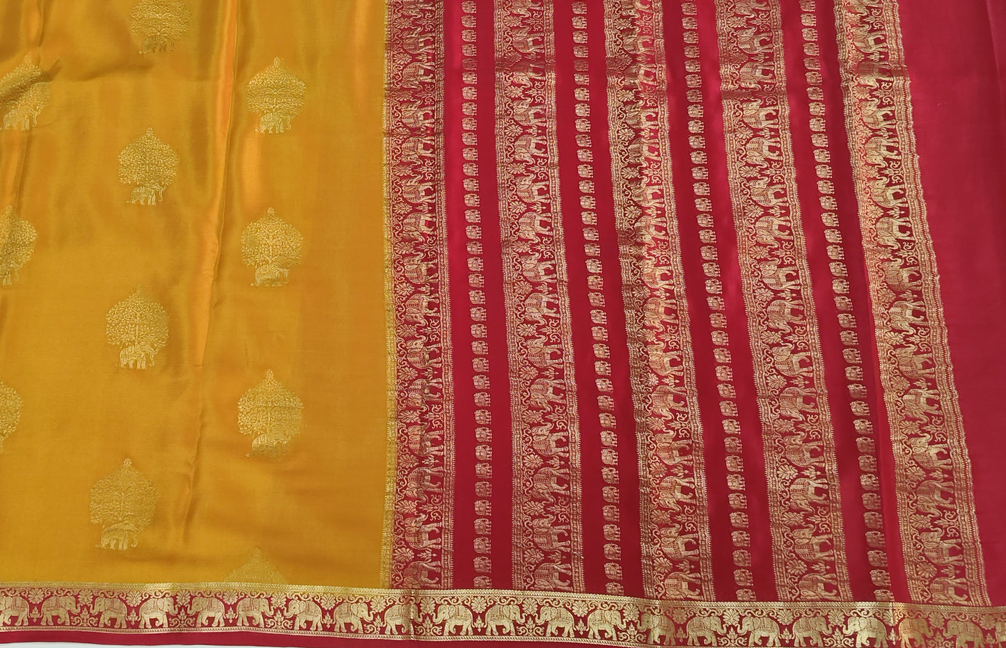 Pure Mysore Silk Saree with traditional elephant and floral designs(120gsm) - SR-PSMP4-Golden Yellow & Red