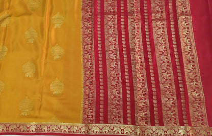 Pure Mysore Silk Saree with traditional elephant and floral designs(120gsm) - SR-PSMP4-Golden Yellow & Red