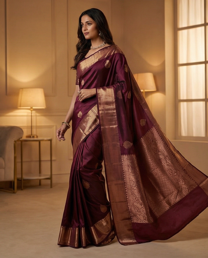 Deep Plum Banarasi Soft Silk Saree with Gold Zari Booti & Heavy Pallu - SR-KEP11