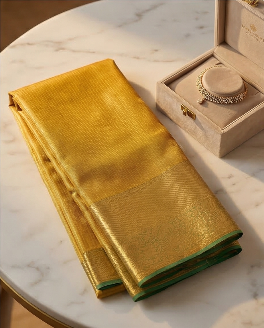 Mustard Yellow Semi Kanjivaram Silk Saree with Gold Zari Border