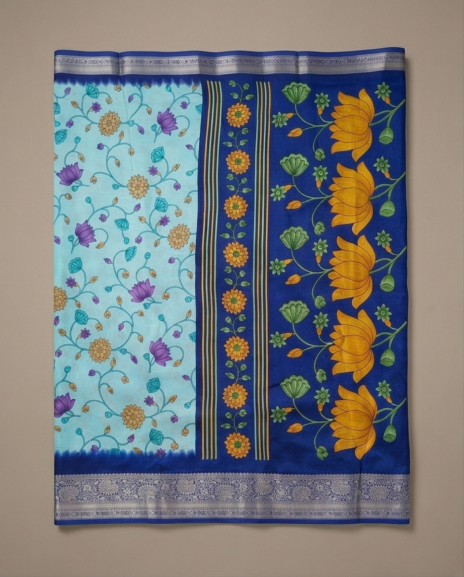 Sky-blue with Blue Floral Design Synthetic Border Saree (SR-SP19)