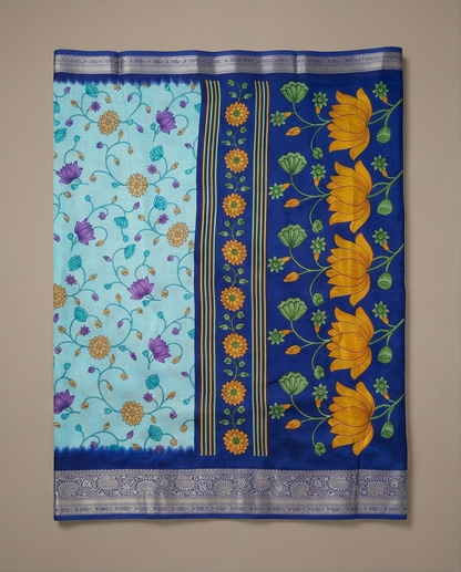 Sky-blue with Blue Floral Design Synthetic Border Saree (SR-SP19)