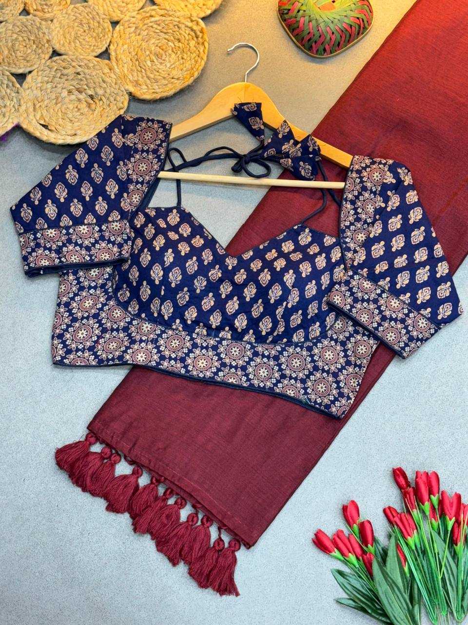 Deep Maroon Plain Saree with Navy Blue Ready Blouse - SR-KEP8