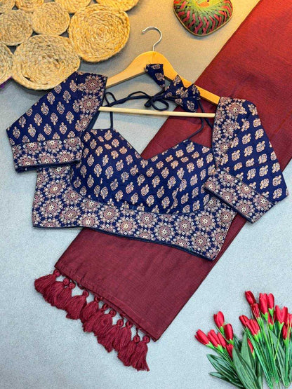 Deep Maroon Plain Saree with Navy Blue Ready Blouse - SR-KEP8