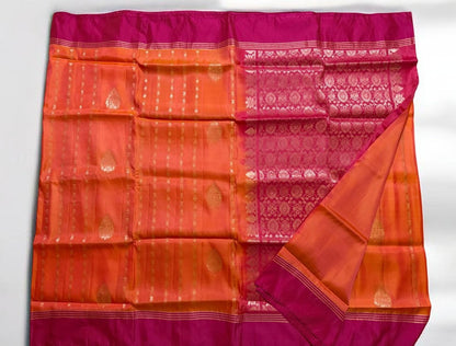 Orange Kanchipuram Silk Saree with Golden Zari Motifs & Contrasting Magenta Border - SR-MSP15