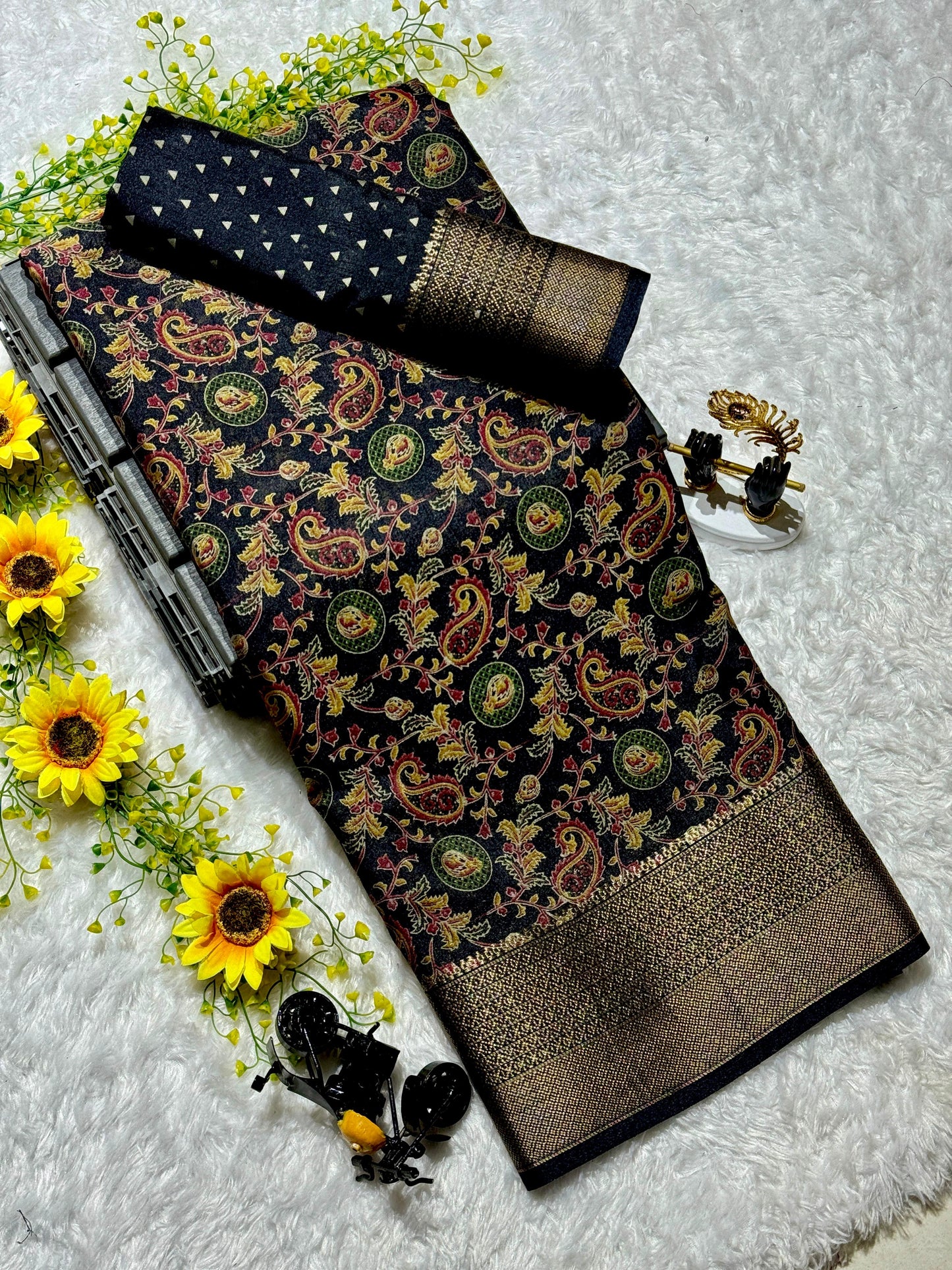 Soft black dola silk sarees-kalamkari design - SR-SCP2 -Black