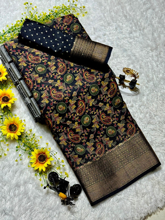 Soft black dola silk sarees-kalamkari design - SR-SCP2 -Black