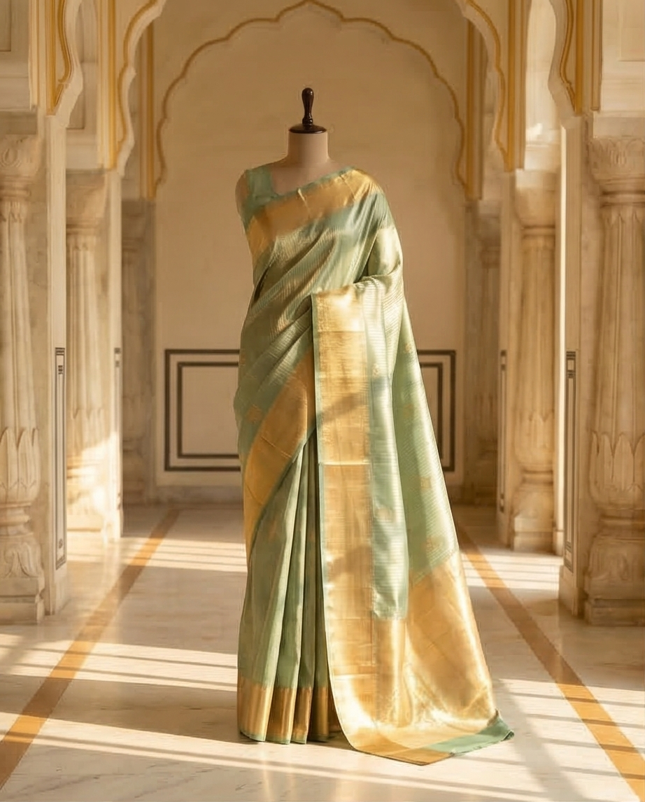 Mustard Gold Light Green Semi Kanjivaram Silk Saree with Gold Zari Border