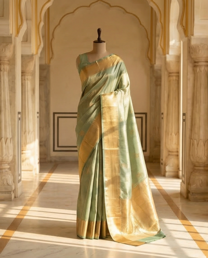 Mustard Gold Light Green Semi Kanjivaram Silk Saree with Gold Zari Border