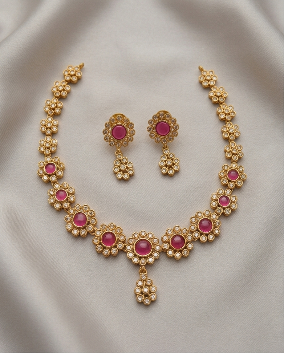 Stone Necklace with Earrings-Pink (NRW46-1)