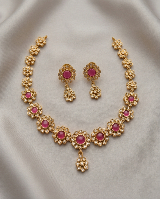 Stone Necklace with Earrings-Pink (NRW46-1)