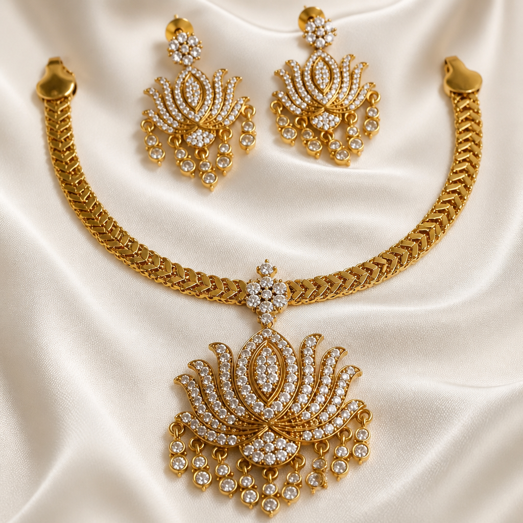 Lotus white stone Necklace with earrings (NRW-90)
