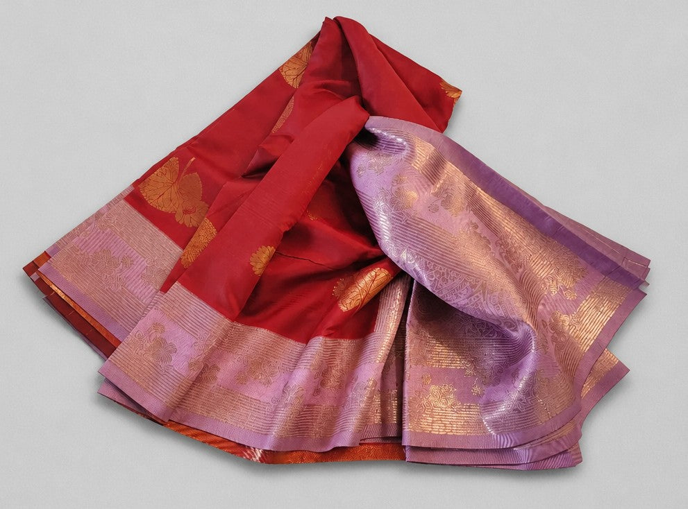Red semi Kanjivaram Silk Saree with Baby Pink and Gold Border (SR-PSMP27)