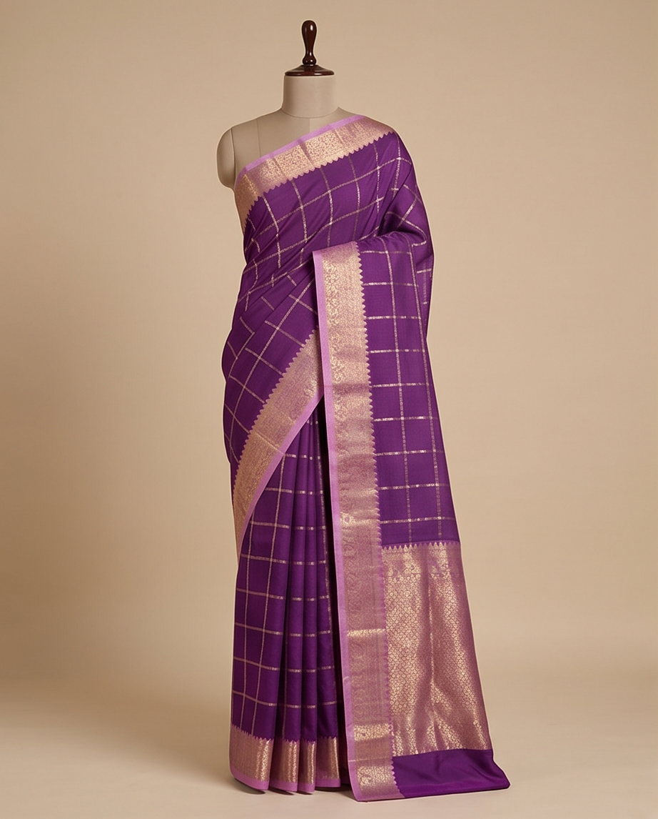 Classic Checkered Silk Saree with Grand Zari Border-purple with lavender (SR-PSMP29)