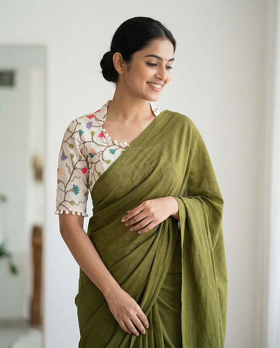 Olive Green Textured Saree with Multicolor Embroidered Blouse - SR-KP3
