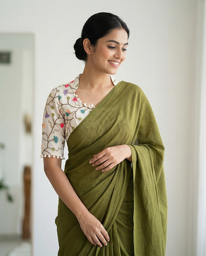 Olive Green Textured Saree with Multicolor Embroidered Blouse - SR-KP3