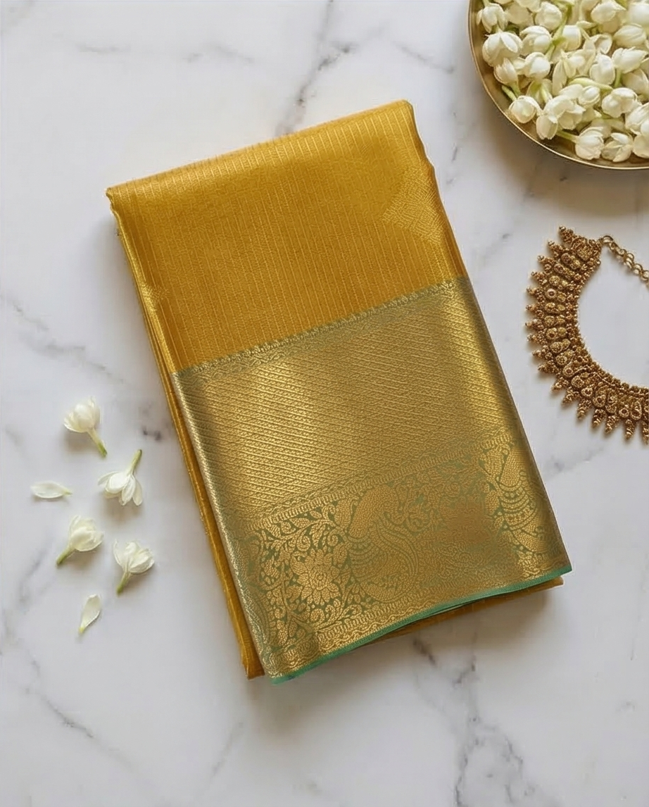 Mustard Yellow Semi Kanjivaram Silk Saree with Gold Zari Border