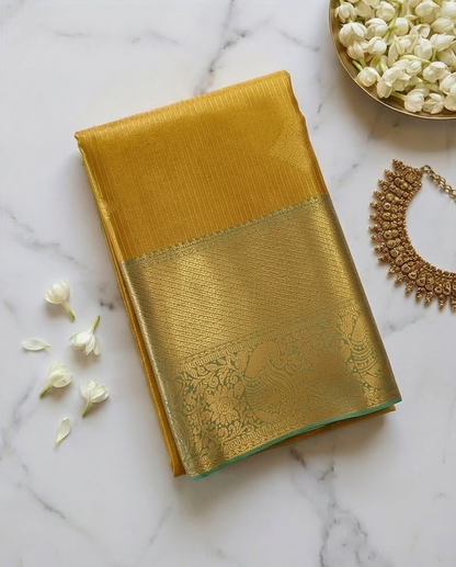Mustard Yellow Semi Kanjivaram Silk Saree with Gold Zari Border