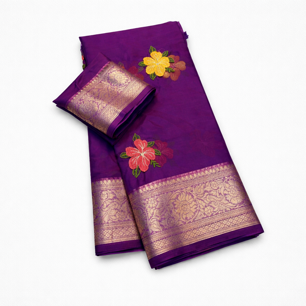 Organza Silk Saree with Multicolour Floral Embroidery & Gold Zari Border - SR-DFP3-Deep Purple