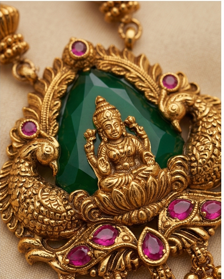 Emerald green stone Lakshmi with peacock pendant chain with Earrings (NRW26)