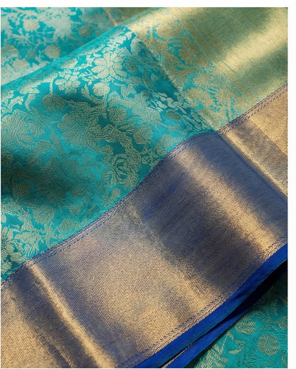 Teal Blue Banarasi Silk Saree with Gold Zari Border & Floral Jaal Weave - SR-SBP2