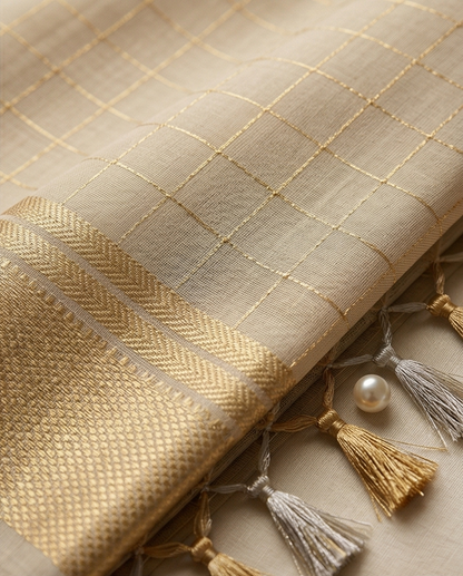 Premium Gray with Golden Checks Border Saree (SR-SP24)