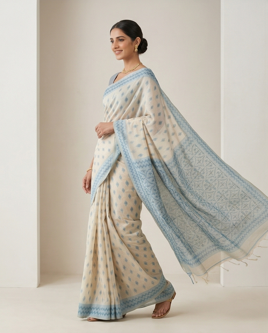 Sky Blue with Cream Chanderi Cotton Saree (SR-SP13)