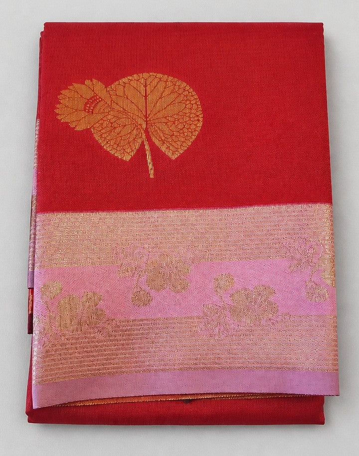 Red semi Kanjivaram Silk Saree with Baby Pink and Gold Border (SR-PSMP27)