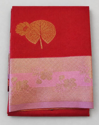 Red semi Kanjivaram Silk Saree with Baby Pink and Gold Border (SR-PSMP27)