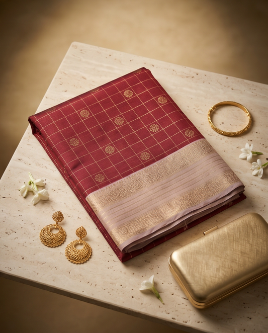 Contemporary Checks, Classic Elegance Sarees-Deep reddish-brown (SR-PSMP21)