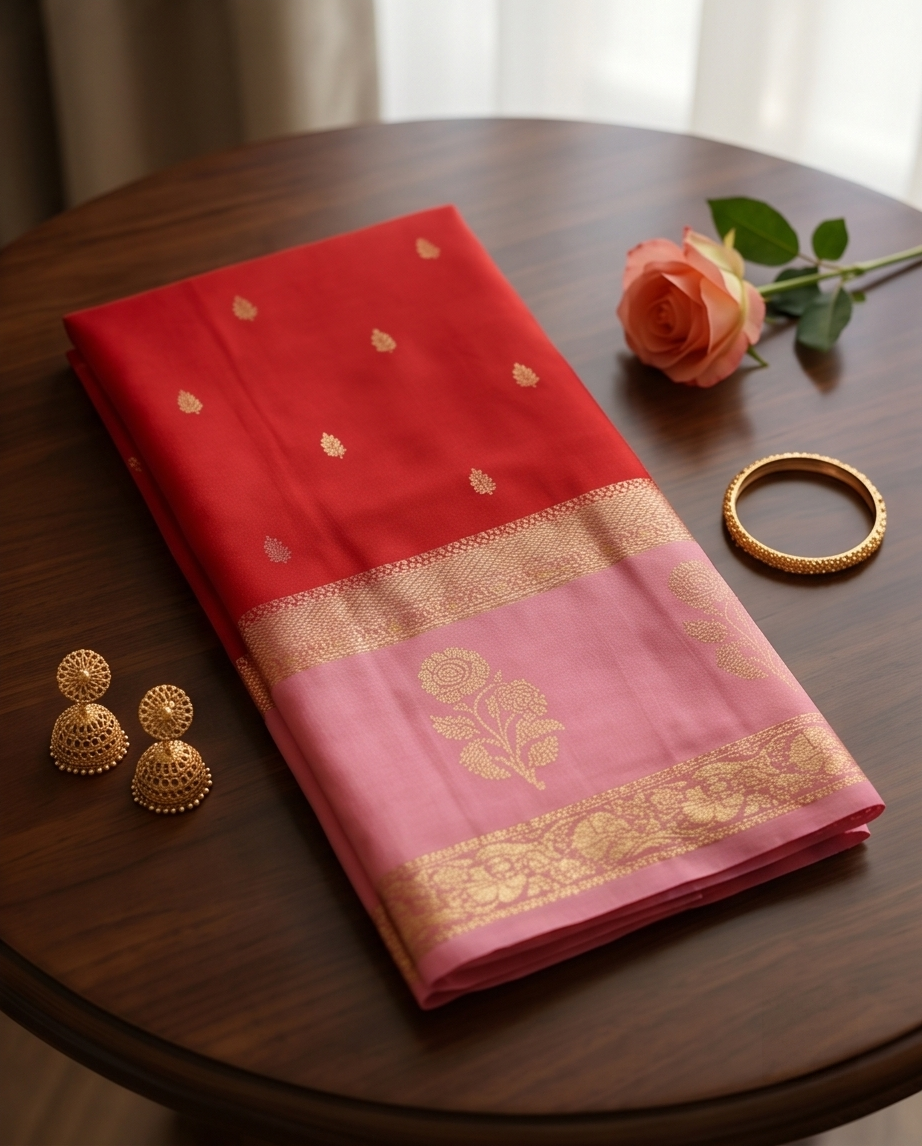 Mysore crepe flower pattern Red with Pink(SR-MSP24)