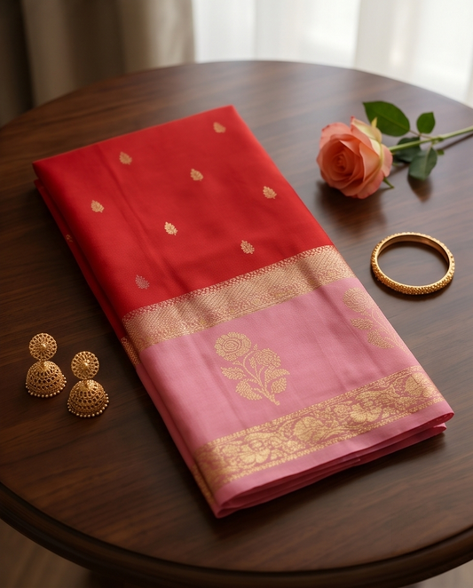 Mysore crepe flower pattern Red with Pink(SR-MSP24)