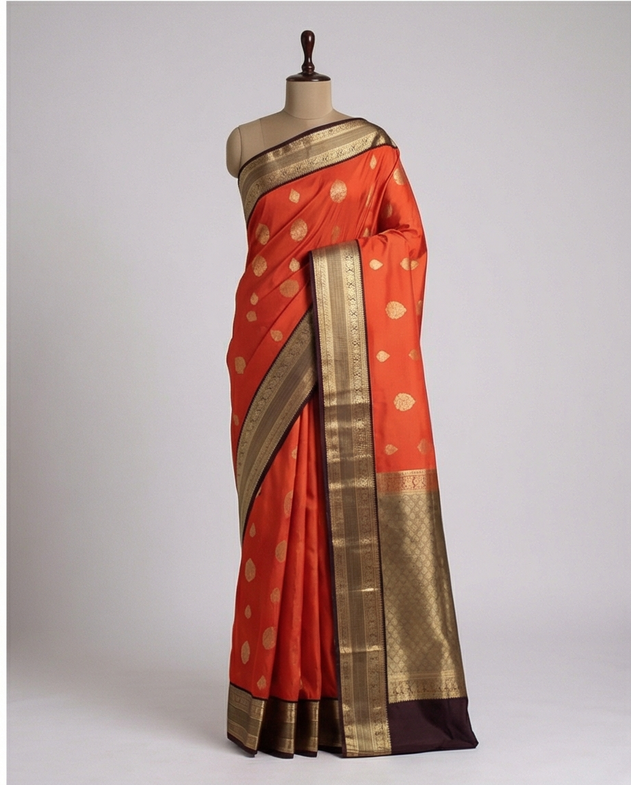 Rust Orange Pure Kanchipuram Silk Saree with Intricate Golden Zari Motifs & Rich Traditional Border - SR-MSP41