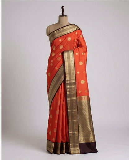 Rust Orange Pure Kanchipuram Silk Saree with Intricate Golden Zari Motifs & Rich Traditional Border - SR-MSP41