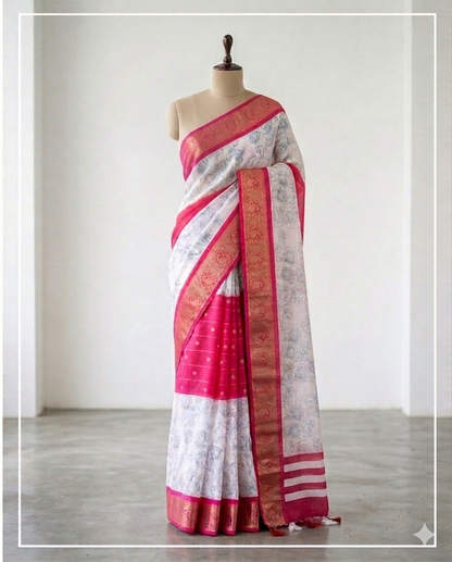 Pink and White Floral Synthetic Saree (SR-SP16)