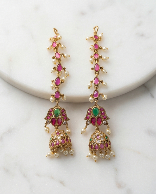 Vintage Pink and Green stone Jumka with Mati (NRW9)
