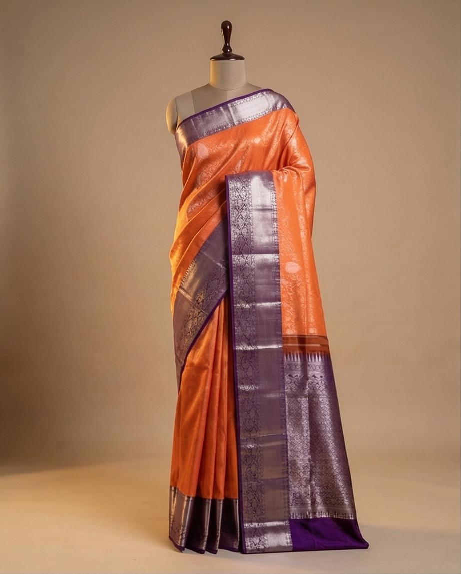 Orange Pure Kanchipuram Silk Saree with Silver‑Purple Zari Border & Intricate Floral Weave - SR-MSP31