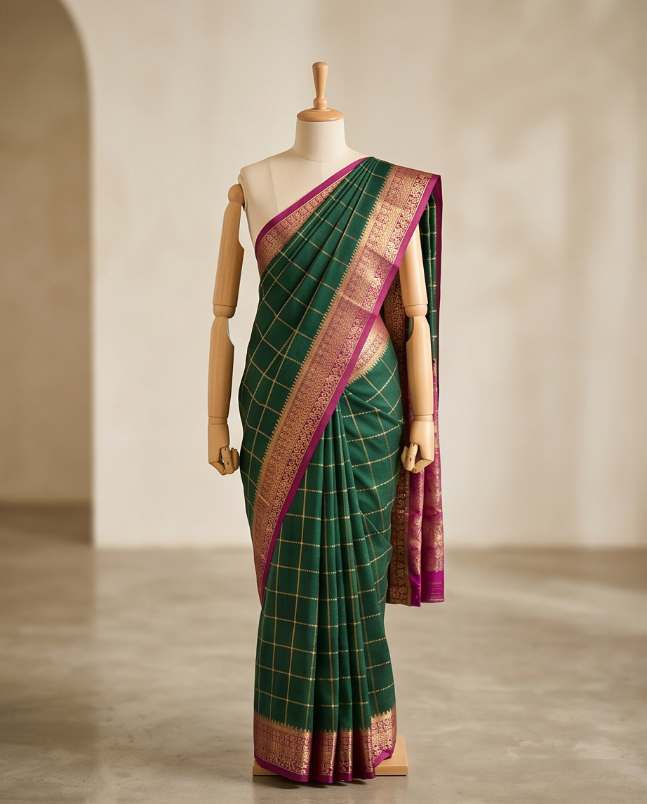 Classic Checkered Silk Saree with Grand Zari Border-Dark green with purple (SR-PSMP35)