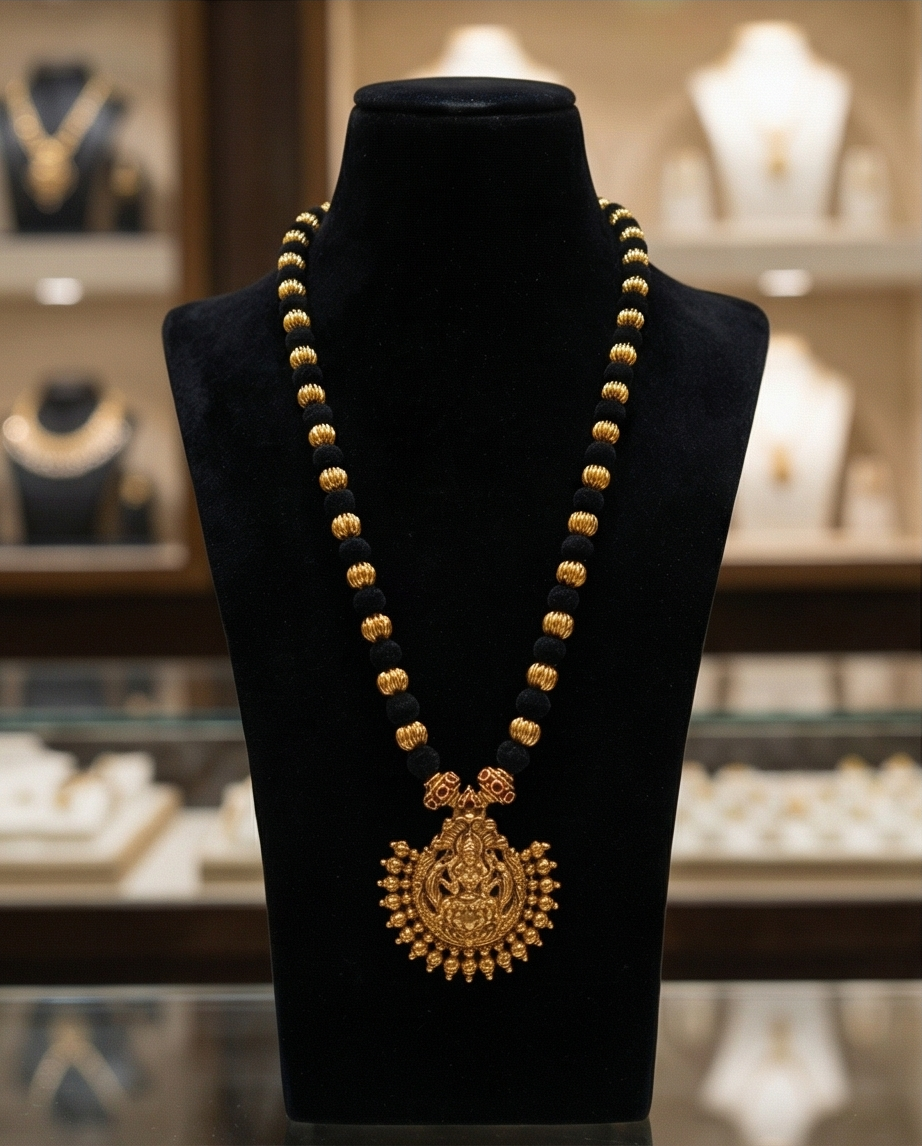 Black and golden beads Lakshmi Antic pendant short Haram with Earrings (NRW1)