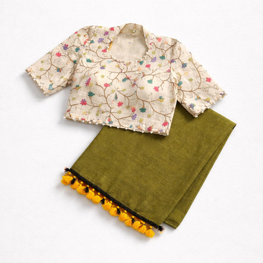 Olive Green Textured Saree with Multicolor Embroidered Blouse - SR-KP3